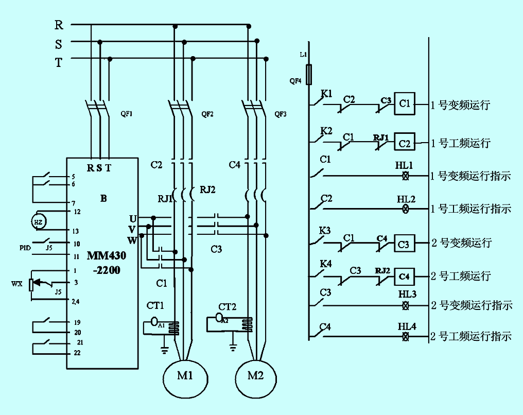 圖2 變頻器切換控制原理圖 一拖二恒壓供水控制系統中的PLC與變頻器如圖